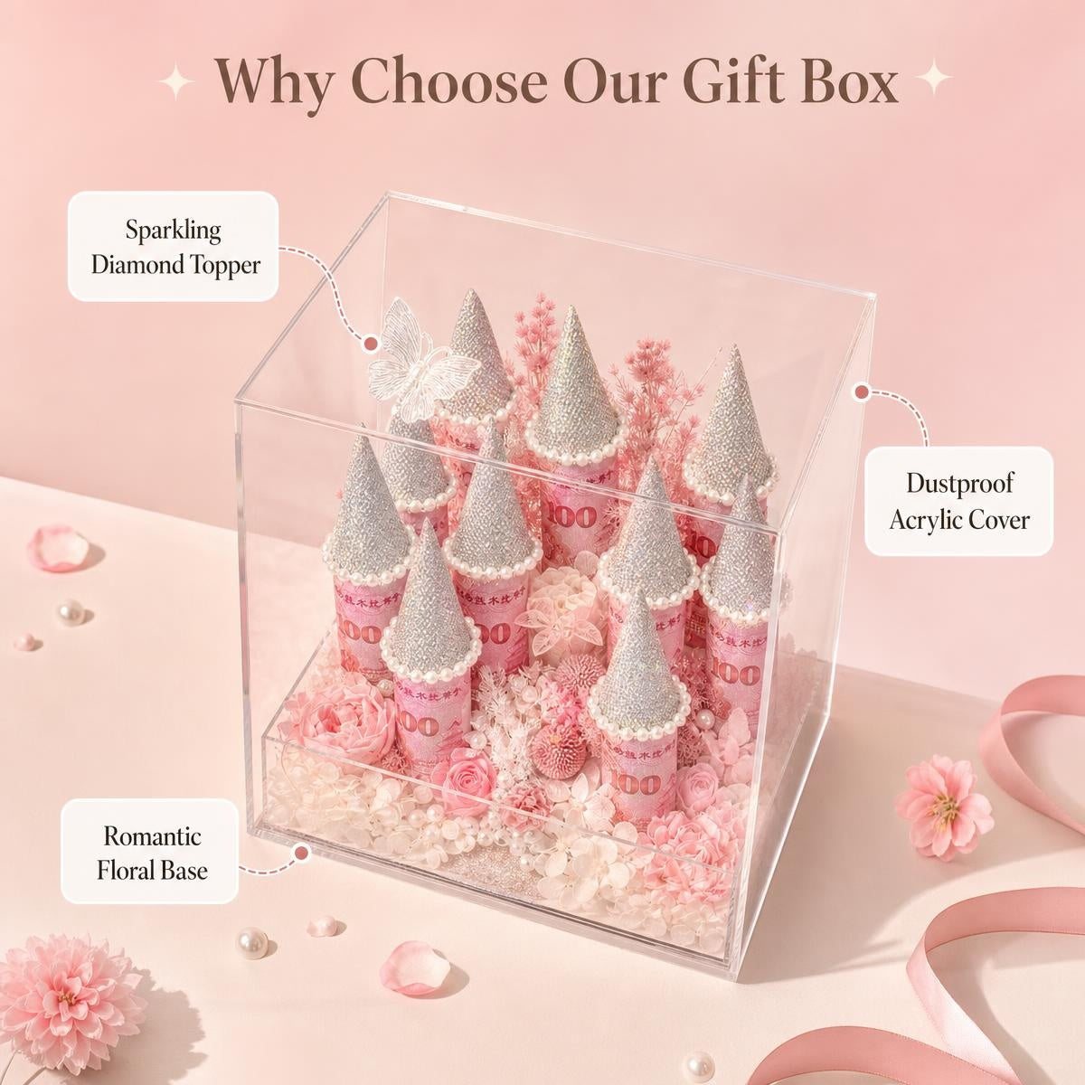 Pink Rhinestone Money Bouquet Acrylic Gift Box | Luxury Floral Decor Gift