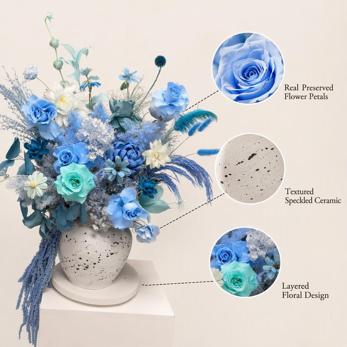 Preserved Blue White Gradient Flower Arrangement | Ceramic Vase Home Decor Gift