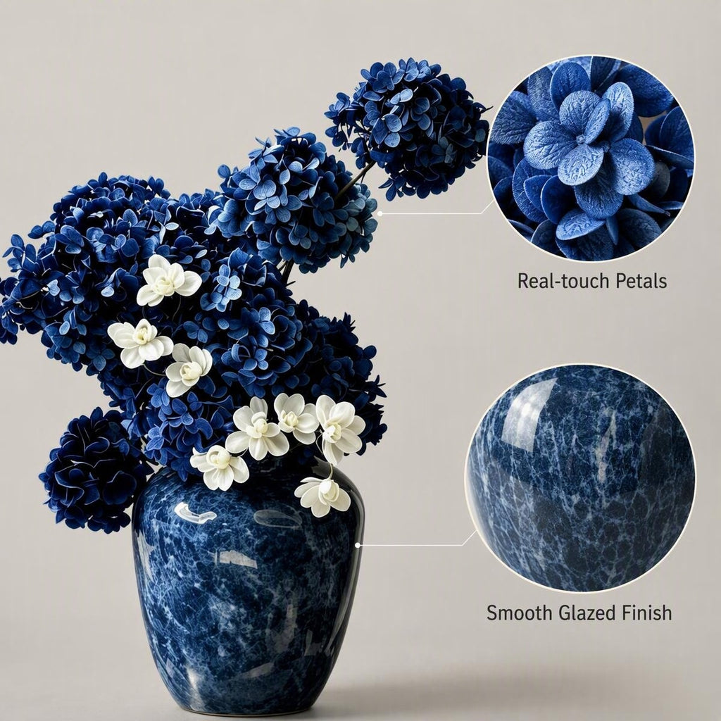 Eternal Blue Hydrangea Arrangement | Marble Glazed Ceramic Vase Home Decor