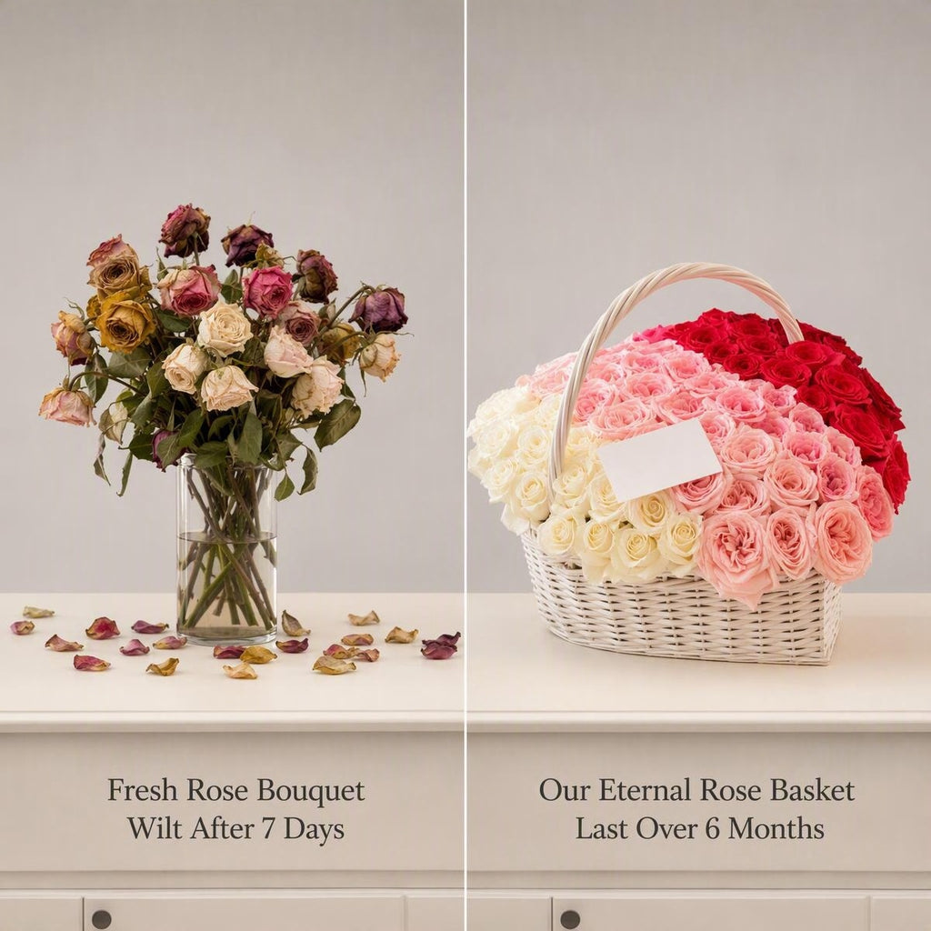 Gradient Heart‑Shaped Preserved Rose Rattan Basket | Eternal Flower Gift