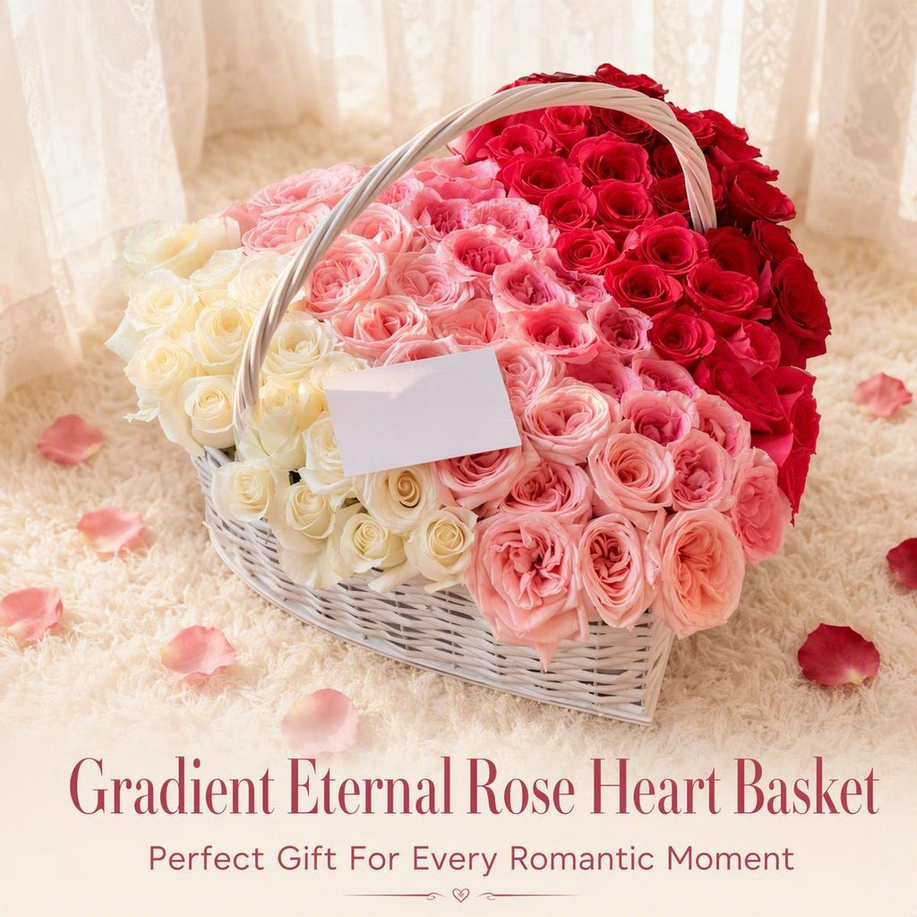 Gradient Heart‑Shaped Preserved Rose Rattan Basket | Eternal Flower Gift