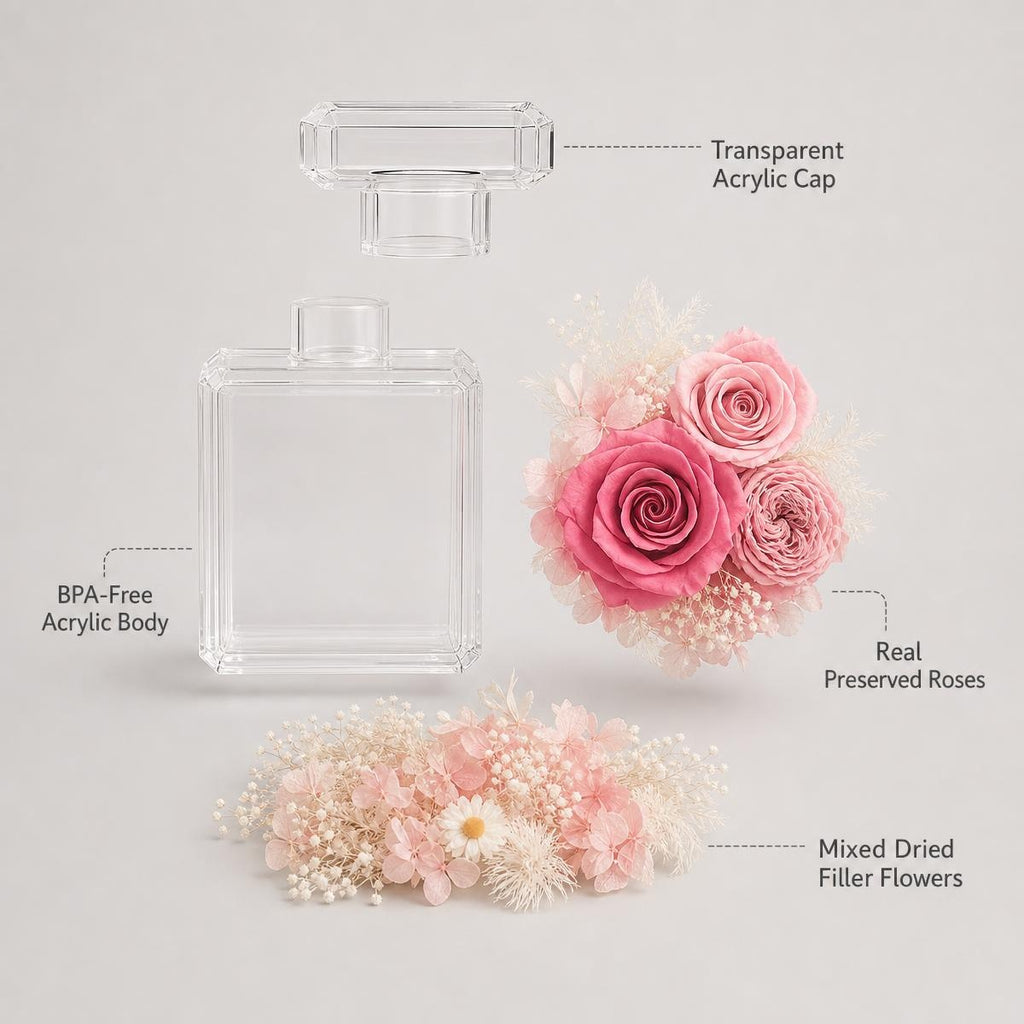 Preserved Rose Acrylic Perfume Bottle Decor | Eternal Flower Gift