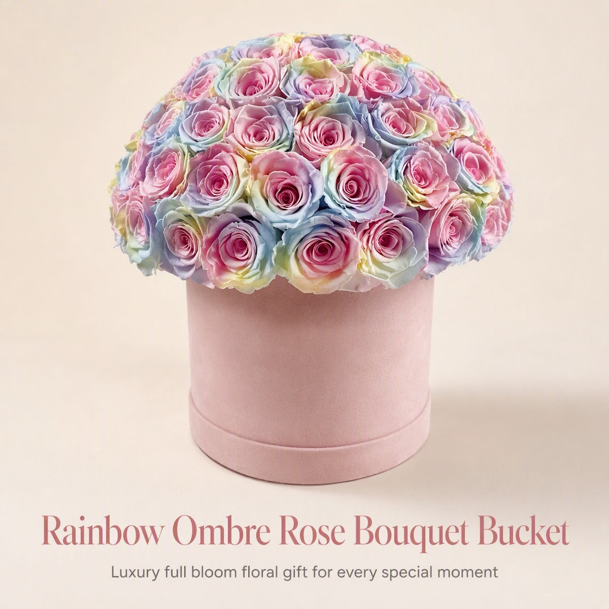 Rainbow Ombre Preserved Rose Bucket, Eternal Multicolor Rose Luxury Home & Gift Decoration
