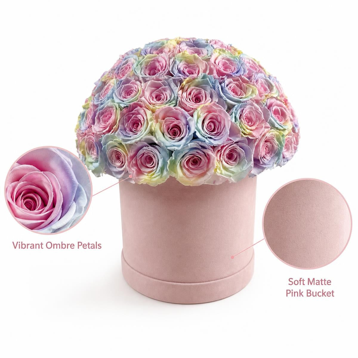 Rainbow Ombre Preserved Rose Bucket, Eternal Multicolor Rose Luxury Home & Gift Decoration