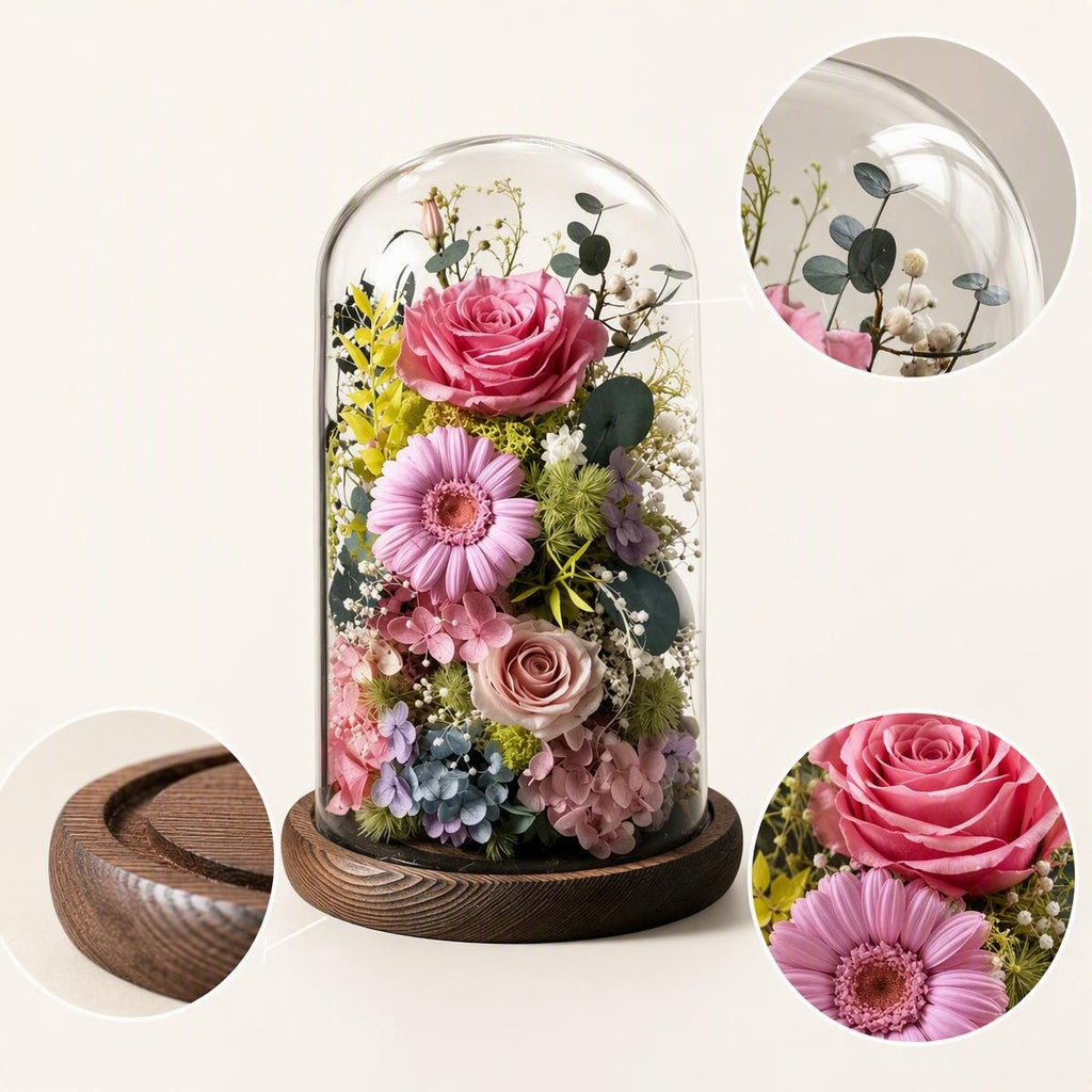 Preserved Flower Glass Dome with Eternal Rose, Luxury Everlasting Floral Home & Gift Decoration