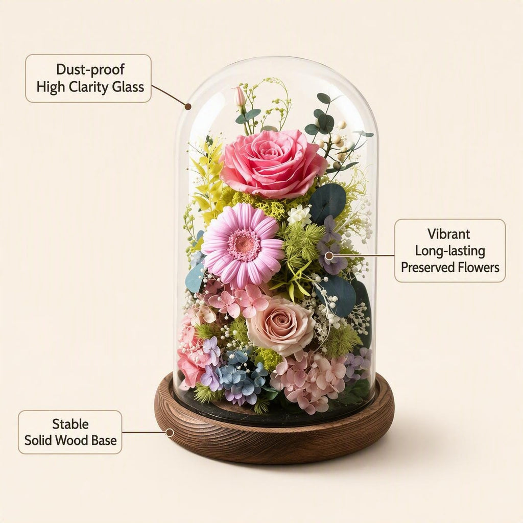 Preserved Flower Glass Dome with Eternal Rose, Luxury Everlasting Floral Home & Gift Decoration