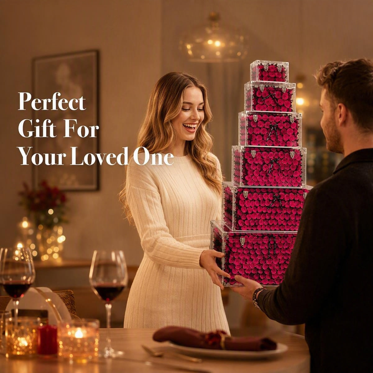 Luxury 6‑tier preserved rose tower in clear acrylic case. Real preserved roses last 3‑5 years. Ideal for home decor, store display & romantic gift for anniversaries.