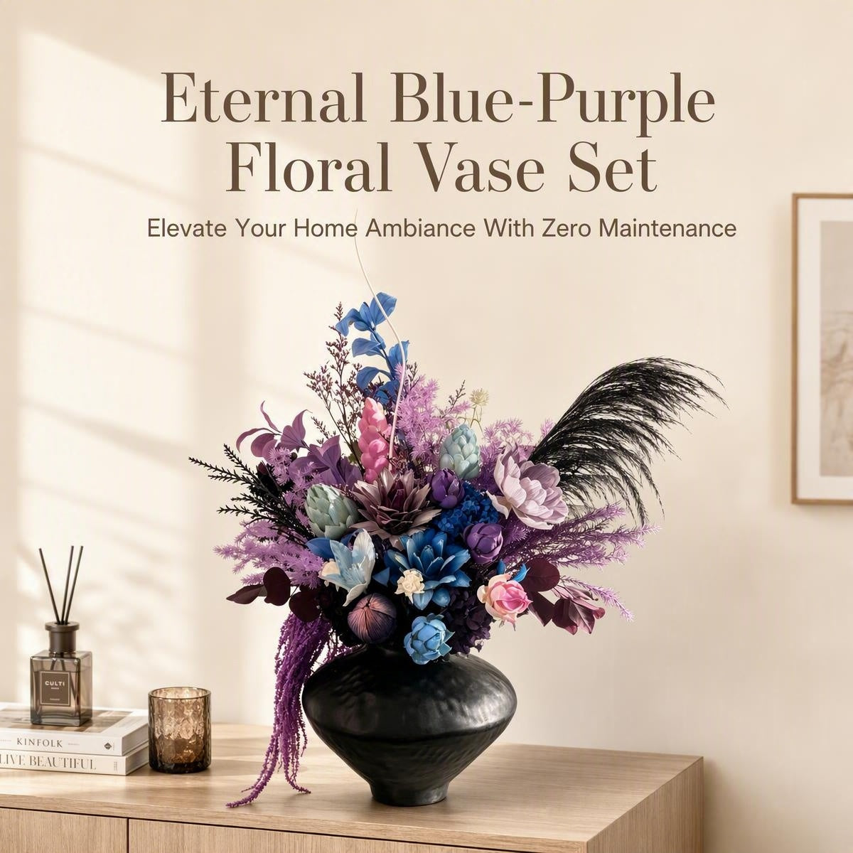 Blue‑Purple Preserved Dried Flower Arrangement | Matte Black Ceramic Vase Decor